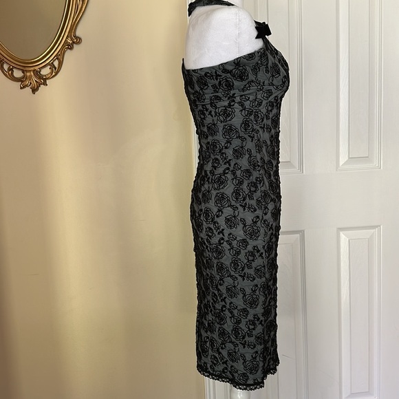 BETSEY JOHNSON Vintage 90's Flocked Rose Halter Bodycon Dress Retro Rockabilly - Picture 7 of 16